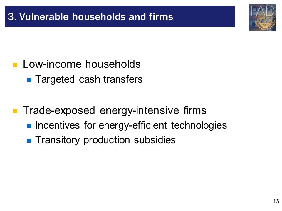 13 Low-income households Targeted cash transfers Trade-exposed energy-intensive firms Incentives for energy-efficient technologies Transitory production subsidies 3.