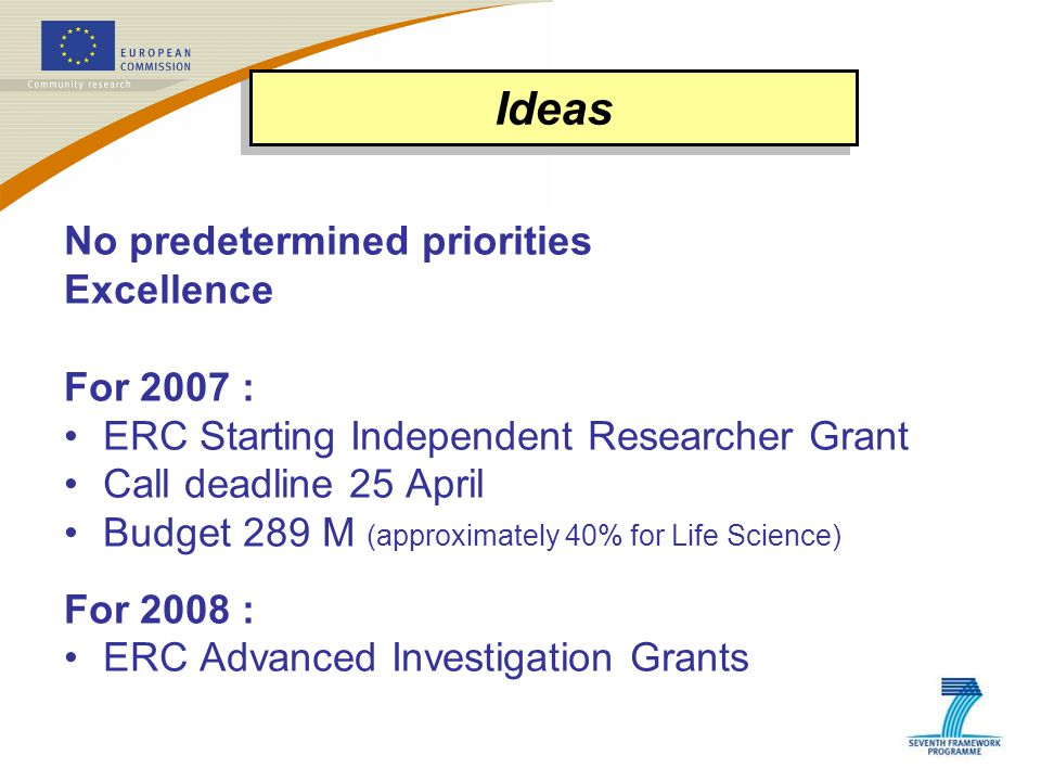 No predetermined priorities Excellence For 2007 : ERC Starting Independent Researcher Grant Call deadline 25 April Budget 289 M (approximately 40% for Life Science) For 2008 : ERC Advanced Investigation Grants Ideas