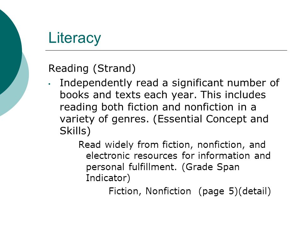 Literacy Reading (Strand) Independently read a significant number of books and texts each year.