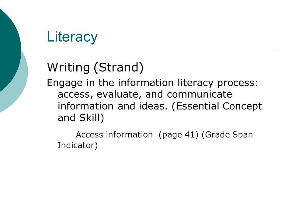 Literacy Writing (Strand) Engage in the information literacy process: access, evaluate, and communicate information and ideas.