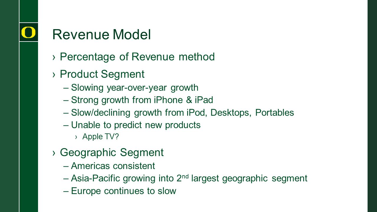 Revenue Model ›Percentage of Revenue method ›Product Segment –Slowing year-over-year growth –Strong growth from iPhone & iPad –Slow/declining growth from iPod, Desktops, Portables –Unable to predict new products ›Apple TV.