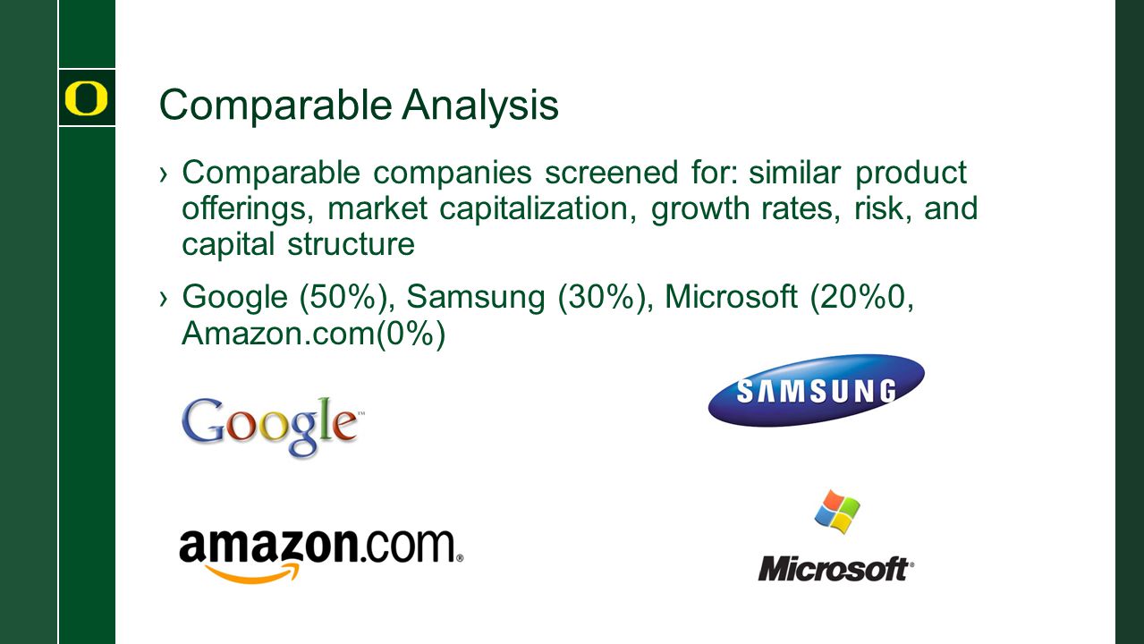 Comparable Analysis ›Comparable companies screened for: similar product offerings, market capitalization, growth rates, risk, and capital structure ›Google (50%), Samsung (30%), Microsoft (20%0, Amazon.com(0%)