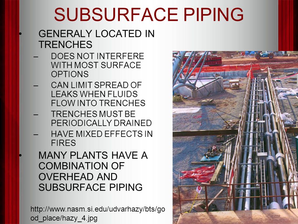 SUBSURFACE PIPING GENERALY LOCATED IN TRENCHES –DOES NOT INTERFERE WITH MOST SURFACE OPTIONS –CAN LIMIT SPREAD OF LEAKS WHEN FLUIDS FLOW INTO TRENCHES –TRENCHES MUST BE PERIODICALLY DRAINED –HAVE MIXED EFFECTS IN FIRES MANY PLANTS HAVE A COMBINATION OF OVERHEAD AND SUBSURFACE PIPING   od_place/hazy_4.jpg
