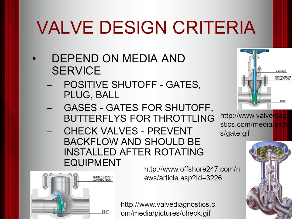 VALVE DESIGN CRITERIA DEPEND ON MEDIA AND SERVICE –POSITIVE SHUTOFF - GATES, PLUG, BALL –GASES - GATES FOR SHUTOFF, BUTTERFLYS FOR THROTTLING –CHECK VALVES - PREVENT BACKFLOW AND SHOULD BE INSTALLED AFTER ROTATING EQUIPMENT   stics.com/media/picture s/gate.gif   ews/article.asp Id= om/media/pictures/check.gif