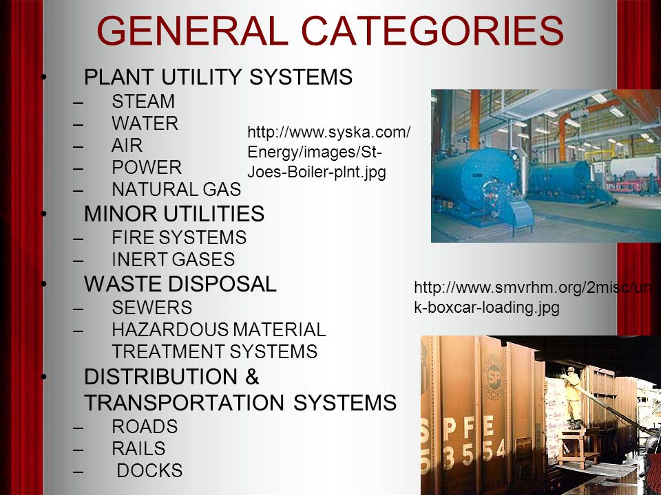 GENERAL CATEGORIES PLANT UTILITY SYSTEMS –STEAM –WATER –AIR –POWER –NATURAL GAS MINOR UTILITIES –FIRE SYSTEMS –INERT GASES WASTE DISPOSAL –SEWERS –HAZARDOUS MATERIAL TREATMENT SYSTEMS DISTRIBUTION & TRANSPORTATION SYSTEMS –ROADS –RAILS – DOCKS   Energy/images/St- Joes-Boiler-plnt.jpg   k-boxcar-loading.jpg
