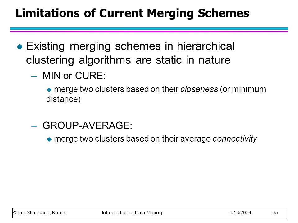© Tan,Steinbach, Kumar Introduction to Data Mining 4/18/ Limitations of Current Merging Schemes l Existing merging schemes in hierarchical clustering algorithms are static in nature –MIN or CURE:  merge two clusters based on their closeness (or minimum distance) –GROUP-AVERAGE:  merge two clusters based on their average connectivity
