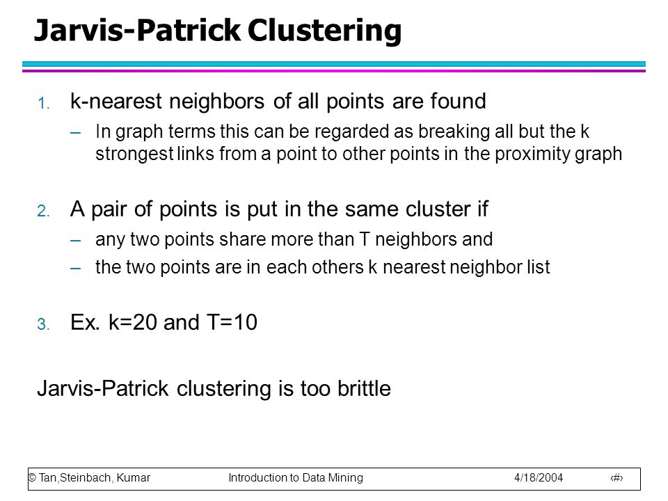 © Tan,Steinbach, Kumar Introduction to Data Mining 4/18/ Jarvis-Patrick Clustering 1.