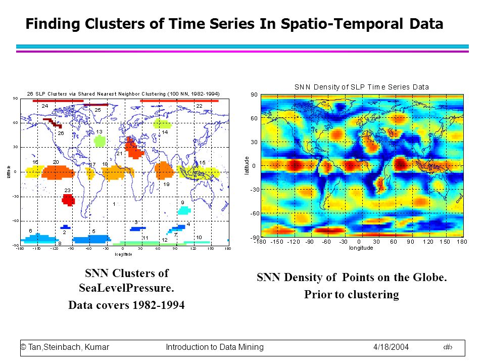 © Tan,Steinbach, Kumar Introduction to Data Mining 4/18/ Finding Clusters of Time Series In Spatio-Temporal Data SNN Clusters of SeaLevelPressure.