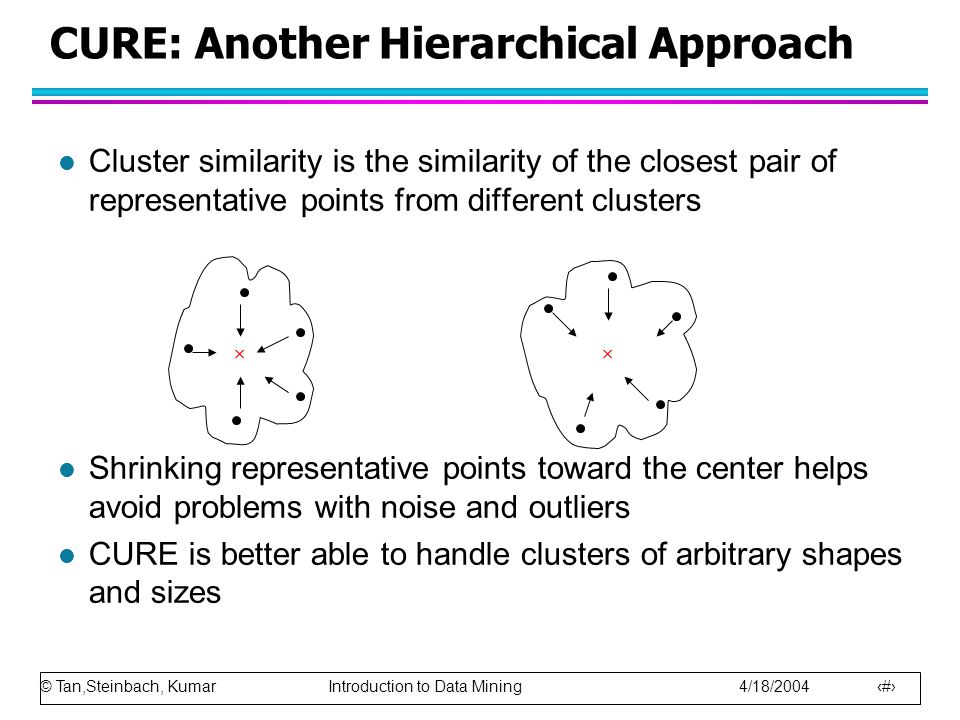 © Tan,Steinbach, Kumar Introduction to Data Mining 4/18/ l Cluster similarity is the similarity of the closest pair of representative points from different clusters l Shrinking representative points toward the center helps avoid problems with noise and outliers l CURE is better able to handle clusters of arbitrary shapes and sizes CURE: Another Hierarchical Approach 