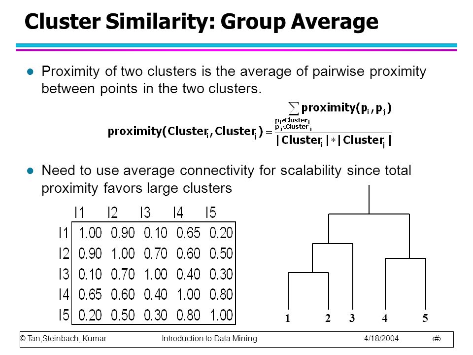 © Tan,Steinbach, Kumar Introduction to Data Mining 4/18/ Cluster Similarity: Group Average l Proximity of two clusters is the average of pairwise proximity between points in the two clusters.