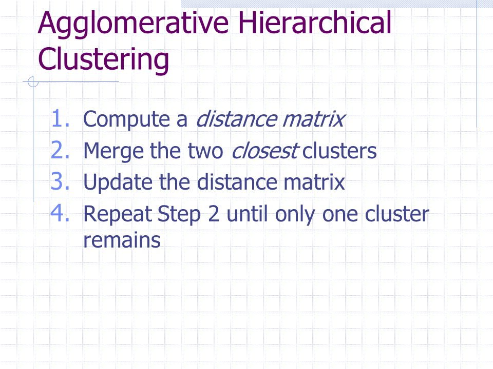 Agglomerative Hierarchical Clustering 1. Compute a distance matrix 2.