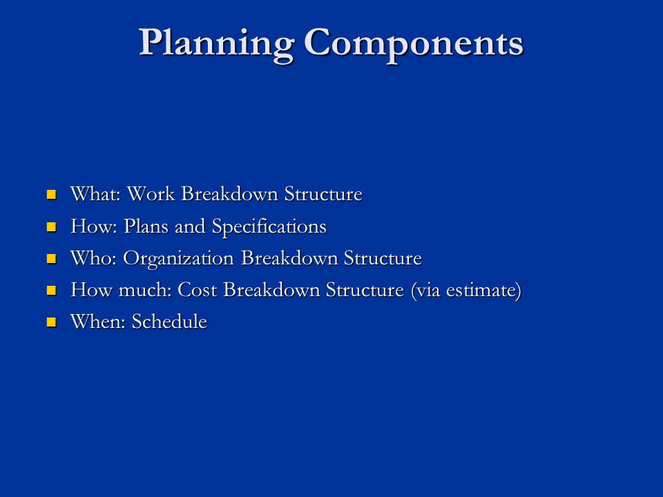 Planning Components What: Work Breakdown Structure What: Work Breakdown Structure How: Plans and Specifications How: Plans and Specifications Who: Organization Breakdown Structure Who: Organization Breakdown Structure How much: Cost Breakdown Structure (via estimate) How much: Cost Breakdown Structure (via estimate) When: Schedule When: Schedule