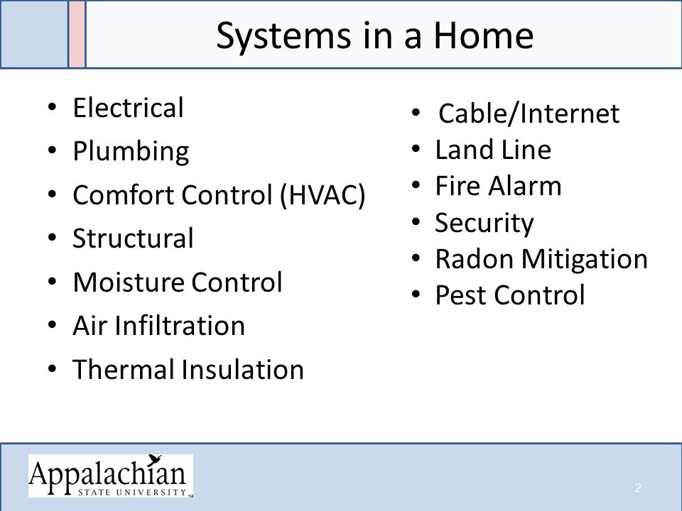 Systems in a Home Electrical Plumbing Comfort Control (HVAC) Structural Moisture Control Air Infiltration Thermal Insulation Cable/Internet Land Line Fire Alarm Security Radon Mitigation Pest Control 2