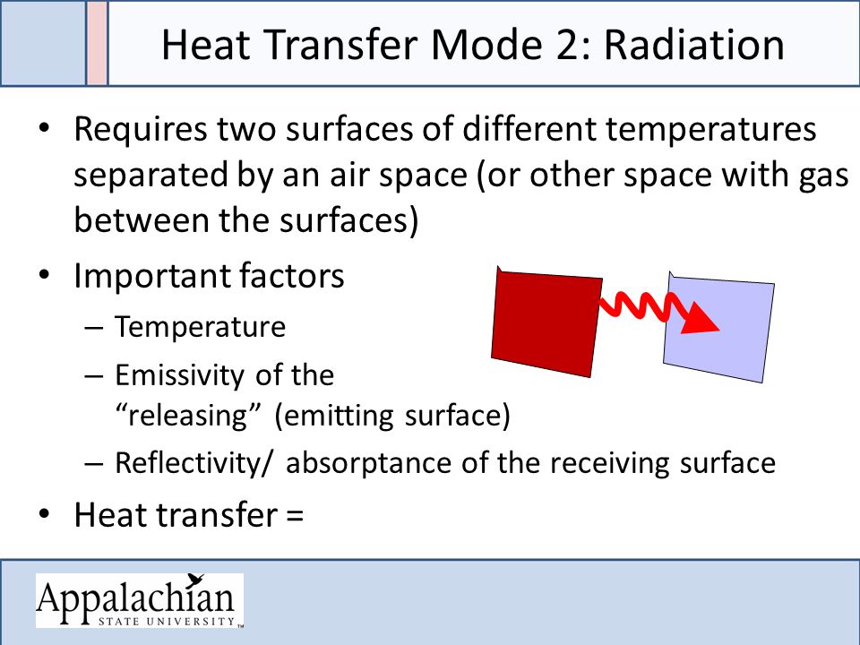 Heat Transfer Mode 2: Radiation Requires two surfaces of different temperatures separated by an air space (or other space with gas between the surfaces) Important factors – Temperature – Emissivity of the releasing (emitting surface) – Reflectivity/ absorptance of the receiving surface Heat transfer =