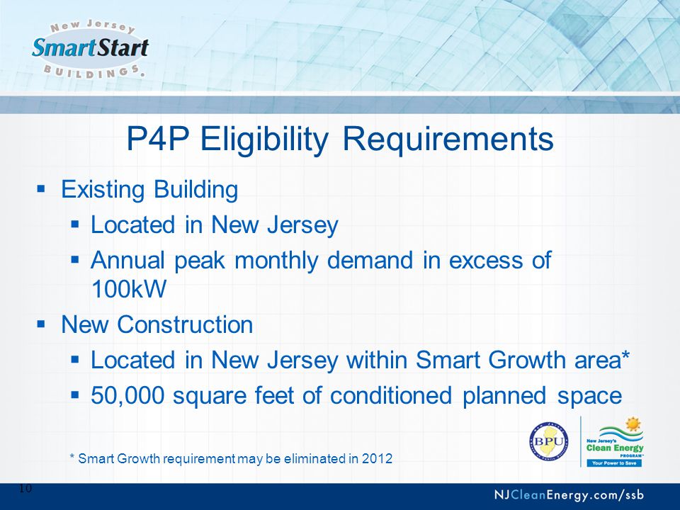 10 P4P Eligibility Requirements  Existing Building  Located in New Jersey  Annual peak monthly demand in excess of 100kW  New Construction  Located in New Jersey within Smart Growth area*  50,000 square feet of conditioned planned space * Smart Growth requirement may be eliminated in 2012