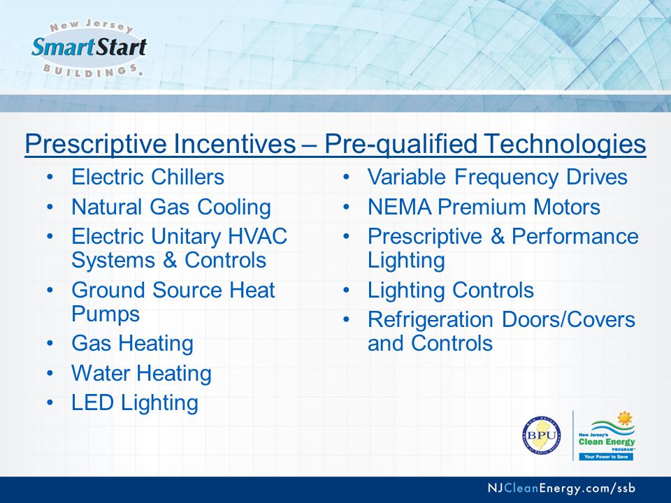 Prescriptive Incentives – Pre-qualified Technologies Electric Chillers Natural Gas Cooling Electric Unitary HVAC Systems & Controls Ground Source Heat Pumps Gas Heating Water Heating LED Lighting Variable Frequency Drives NEMA Premium Motors Prescriptive & Performance Lighting Lighting Controls Refrigeration Doors/Covers and Controls