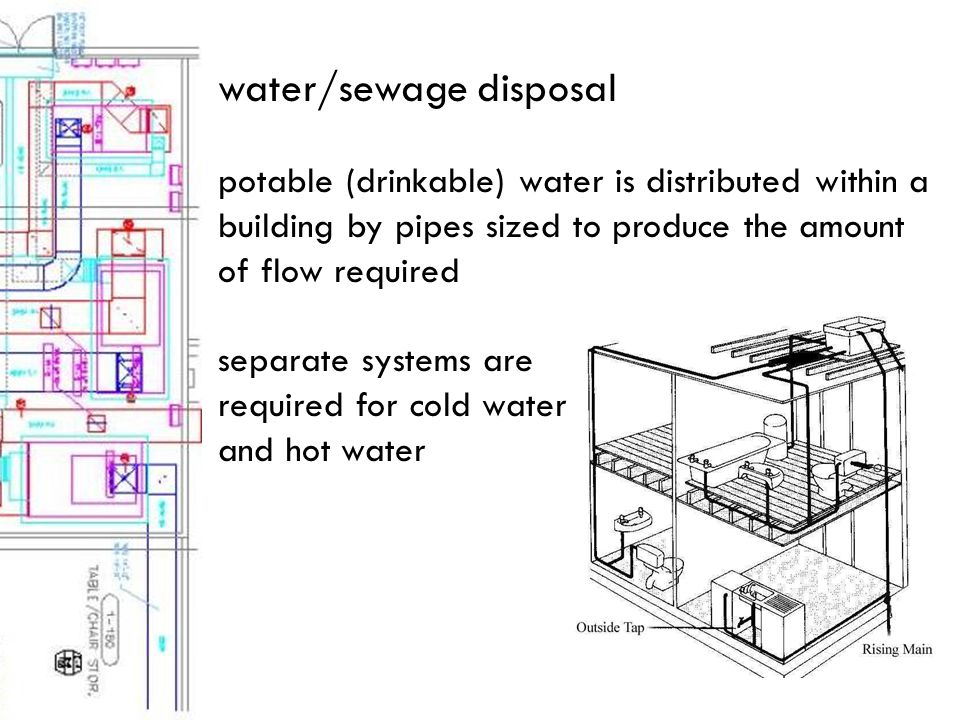 water/sewage disposal potable (drinkable) water is distributed within a building by pipes sized to produce the amount of flow required separate systems are required for cold water and hot water