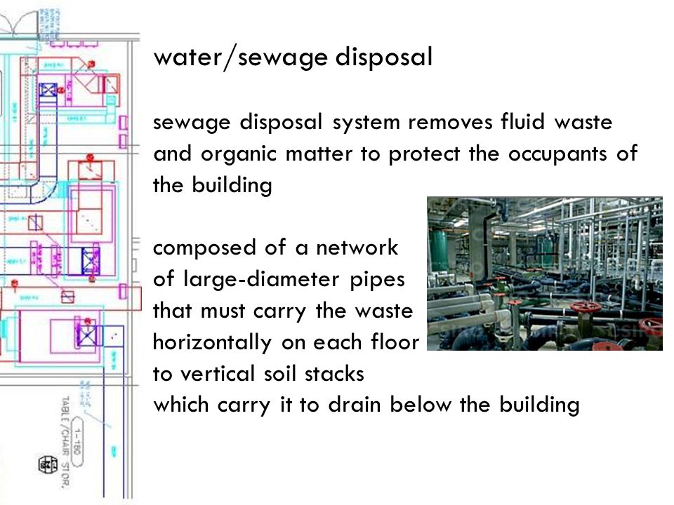 sewage disposal system removes fluid waste and organic matter to protect the occupants of the building composed of a network of large-diameter pipes that must carry the waste horizontally on each floor to vertical soil stacks which carry it to drain below the building