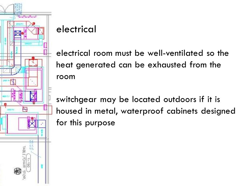 electrical electrical room must be well-ventilated so the heat generated can be exhausted from the room switchgear may be located outdoors if it is housed in metal, waterproof cabinets designed for this purpose