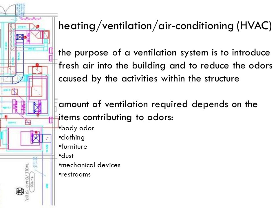 heating/ventilation/air-conditioning (HVAC) the purpose of a ventilation system is to introduce fresh air into the building and to reduce the odors caused by the activities within the structure amount of ventilation required depends on the items contributing to odors: body odor clothing furniture dust mechanical devices restrooms