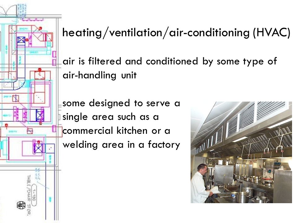 heating/ventilation/air-conditioning (HVAC) air is filtered and conditioned by some type of air-handling unit some designed to serve a single area such as a commercial kitchen or a welding area in a factory