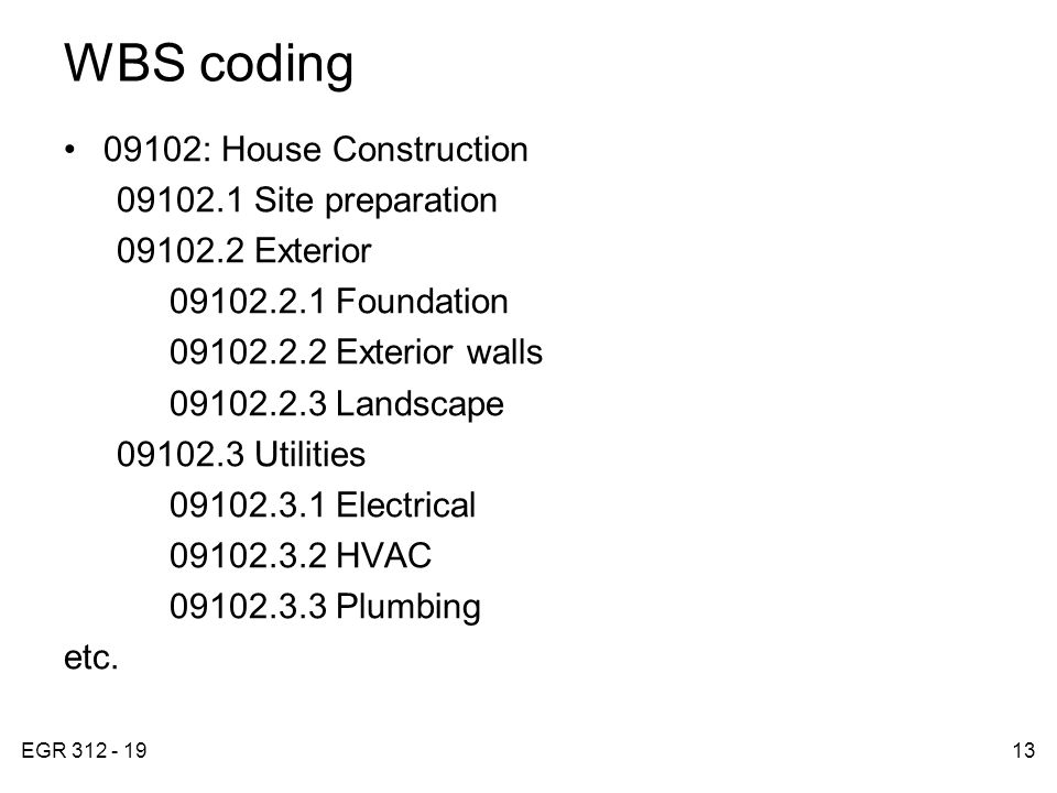 EGR WBS coding 09102: House Construction Site preparation Exterior Foundation Exterior walls Landscape Utilities Electrical HVAC Plumbing etc.