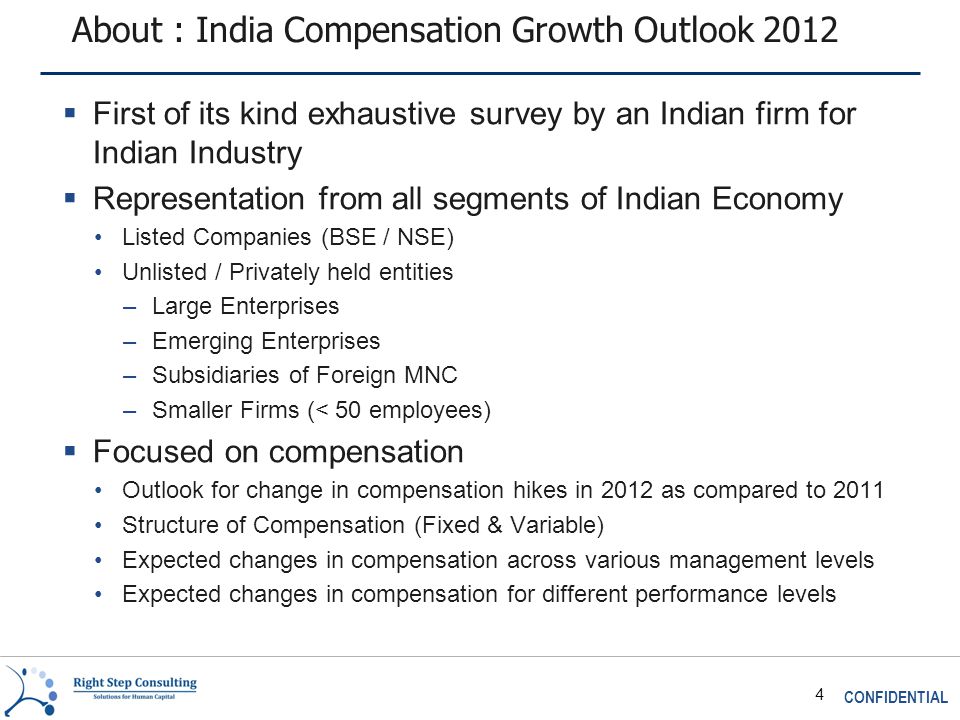 CONFIDENTIAL 4 About : India Compensation Growth Outlook 2012  First of its kind exhaustive survey by an Indian firm for Indian Industry  Representation from all segments of Indian Economy Listed Companies (BSE / NSE) Unlisted / Privately held entities –Large Enterprises –Emerging Enterprises –Subsidiaries of Foreign MNC –Smaller Firms (< 50 employees)  Focused on compensation Outlook for change in compensation hikes in 2012 as compared to 2011 Structure of Compensation (Fixed & Variable) Expected changes in compensation across various management levels Expected changes in compensation for different performance levels