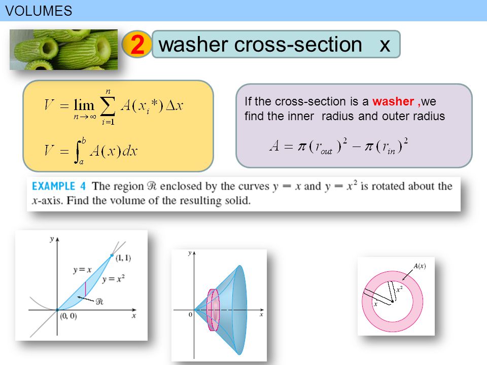 If the cross-section is a washer,we find the inner radius and outer radius VOLUMES 2 washer cross-section x