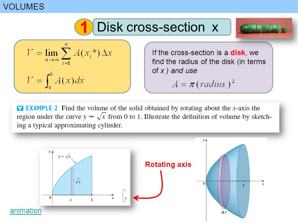 If the cross-section is a disk, we find the radius of the disk (in terms of x ) and use 1 Disk cross-section x animation Rotating axis