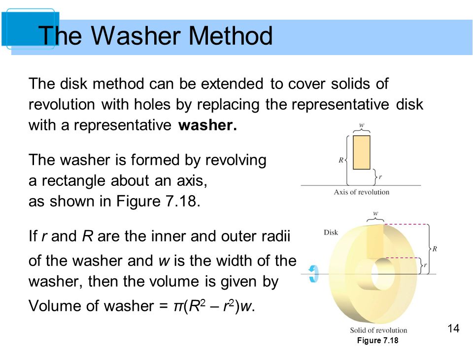 14 The disk method can be extended to cover solids of revolution with holes by replacing the representative disk with a representative washer.