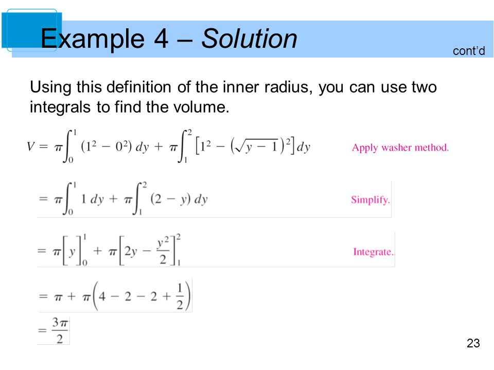 23 Example 4 – Solution Using this definition of the inner radius, you can use two integrals to find the volume.
