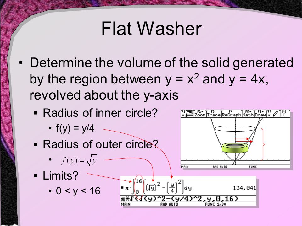 Flat Washer Determine the volume of the solid generated by the region between y = x 2 and y = 4x, revolved about the y-axis  Radius of inner circle.