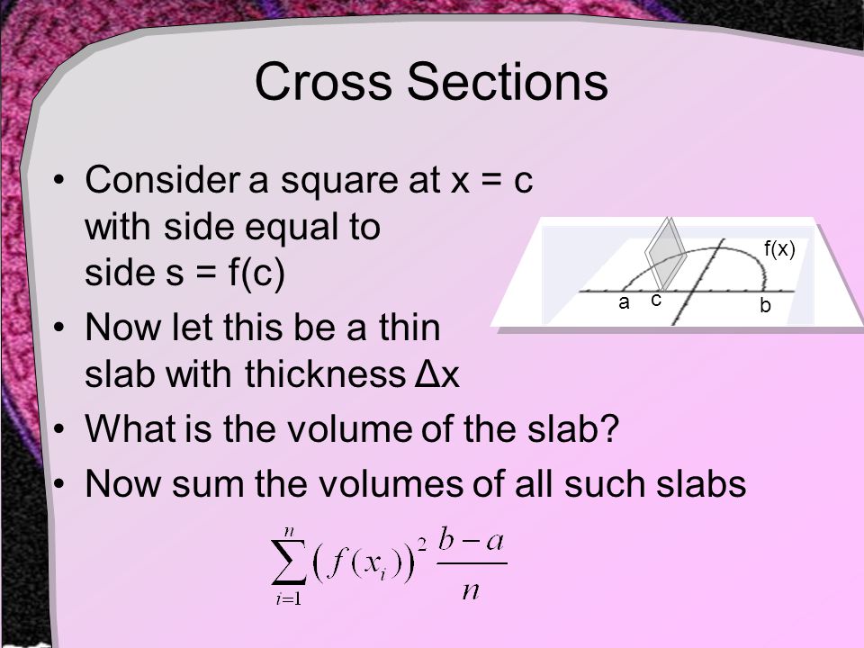 Cross Sections Consider a square at x = c with side equal to side s = f(c) Now let this be a thin slab with thickness Δx What is the volume of the slab.