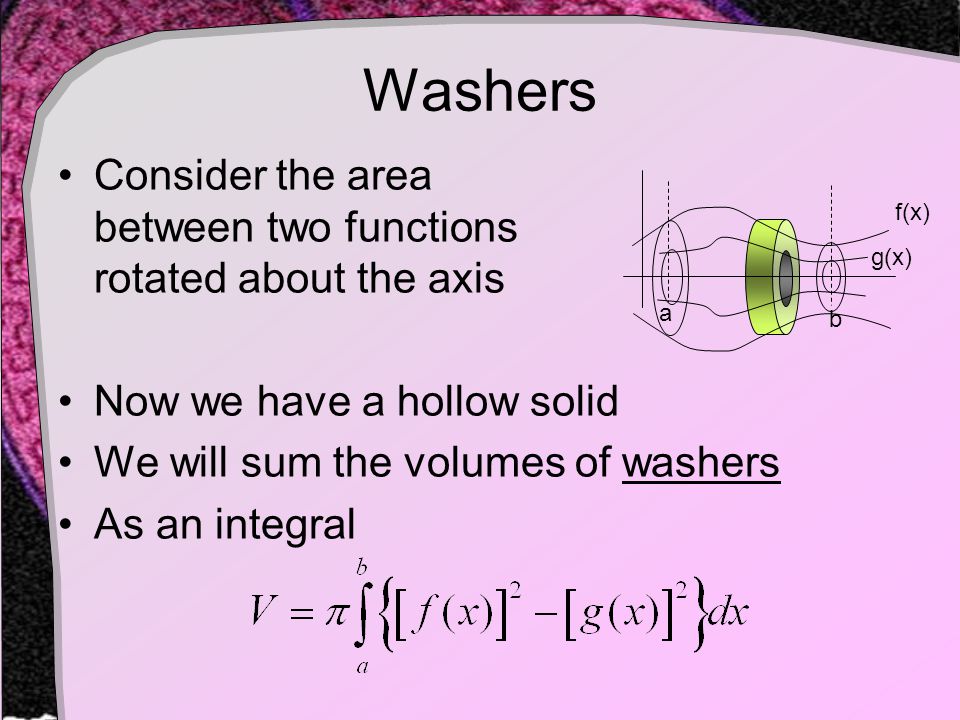 Washers Consider the area between two functions rotated about the axis Now we have a hollow solid We will sum the volumes of washers As an integral f(x) a b g(x)
