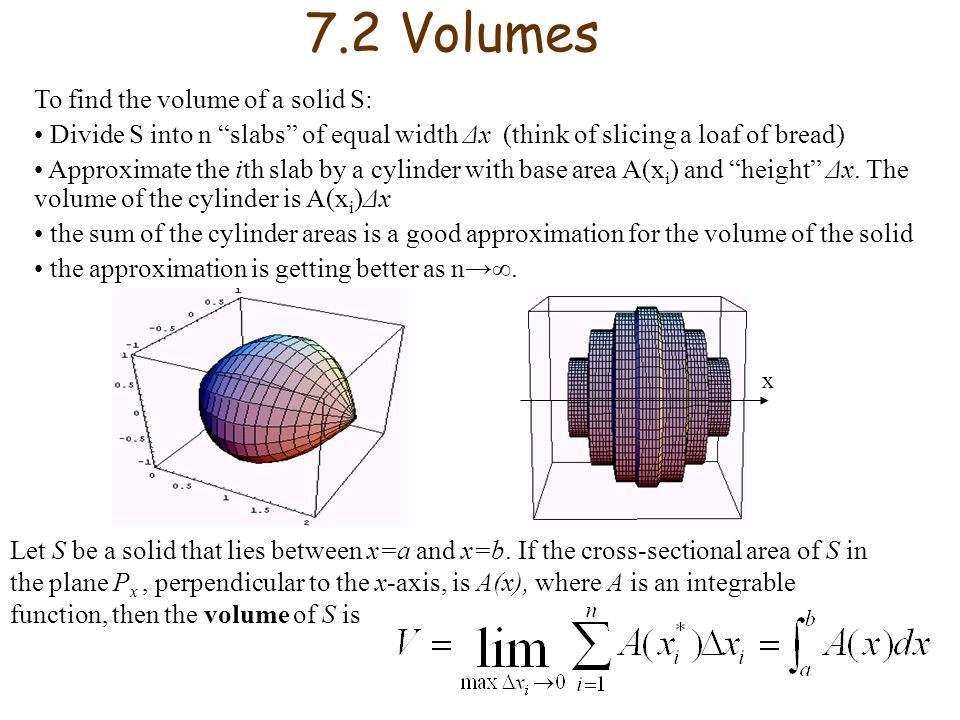 7.2 Volumes To find the volume of a solid S: Divide S into n slabs of equal width Δx (think of slicing a loaf of bread) Approximate the ith slab by a cylinder with base area A(x i ) and height Δx.