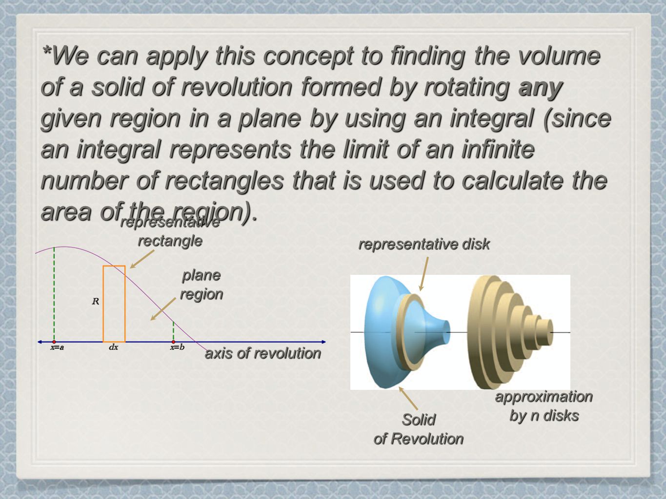 *We can apply this concept to finding the volume of a solid of revolution formed by rotating any given region in a plane by using an integral (since an integral represents the limit of an infinite number of rectangles that is used to calculate the area of the region).