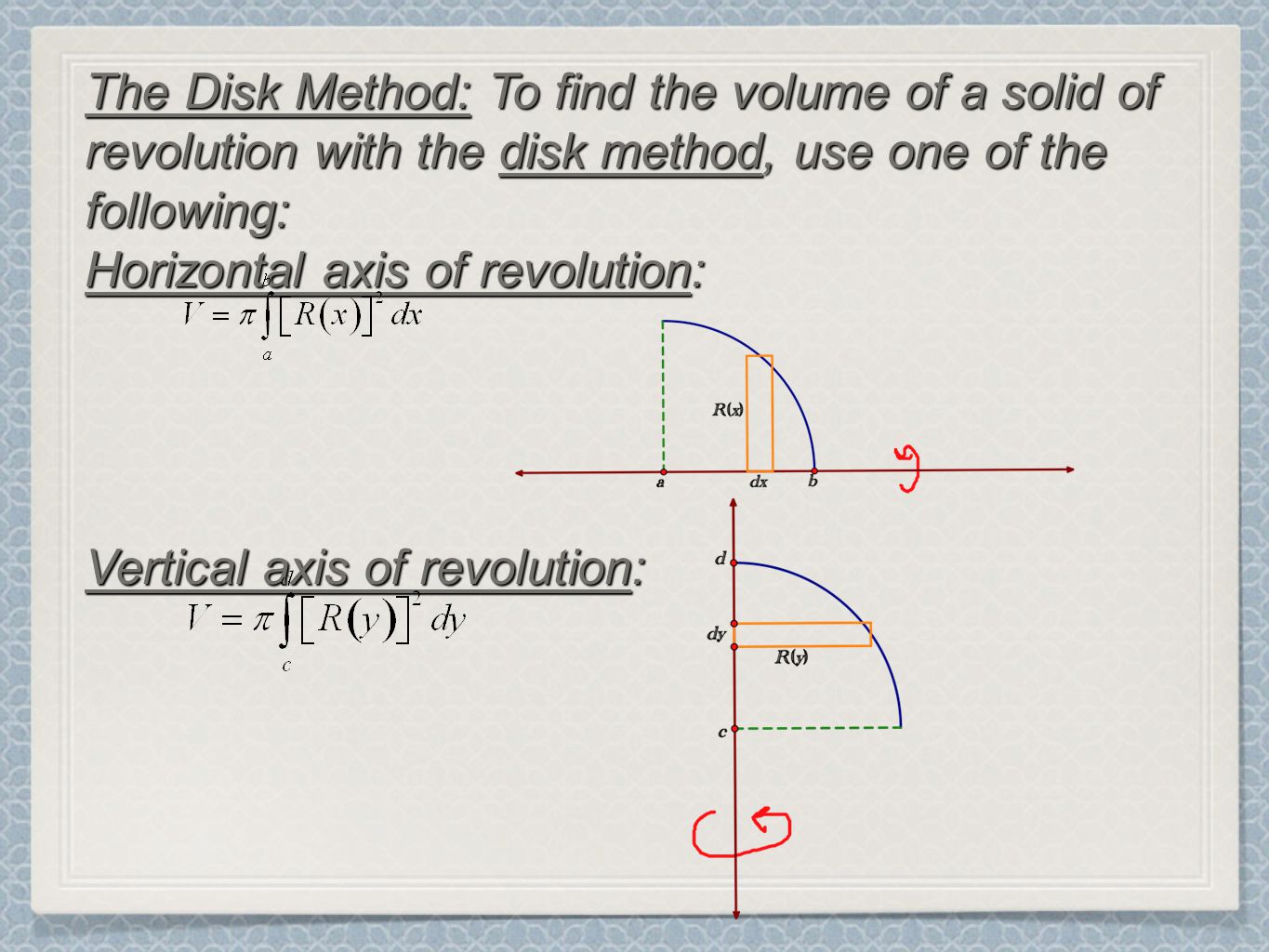 The Disk Method: To find the volume of a solid of revolution with the disk method, use one of the following: Horizontal axis of revolution: Vertical axis of revolution: