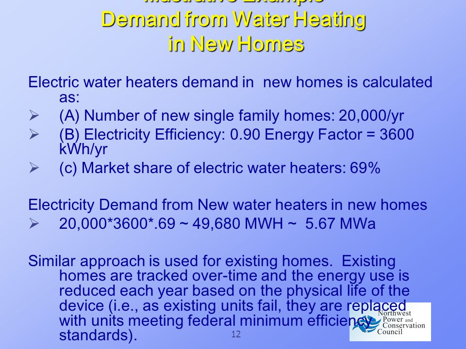 12 Illustrative Example Demand from Water Heating in New Homes Electric water heaters demand in new homes is calculated as:  (A) Number of new single family homes: 20,000/yr  (B) Electricity Efficiency: 0.90 Energy Factor = 3600 kWh/yr  (c) Market share of electric water heaters: 69% Electricity Demand from New water heaters in new homes  20,000*3600*.69 ~ 49,680 MWH ~ 5.67 MWa Similar approach is used for existing homes.
