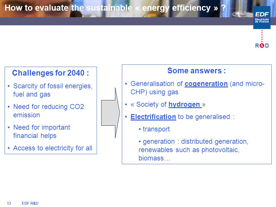 EDF R&D13 Challenges for 2040 : Scarcity of fossil energies, fuel and gas Need for reducing CO2 emission Need for important financial helps Access to electricity for all Some answers : Generalisation of cogeneration (and micro- CHP) using gas « Society of hydrogen » Electrification to be generalised : transport generation : distributed generation, renewables such as photovoltaic, biomass… How to evaluate the sustainable « energy efficiency »