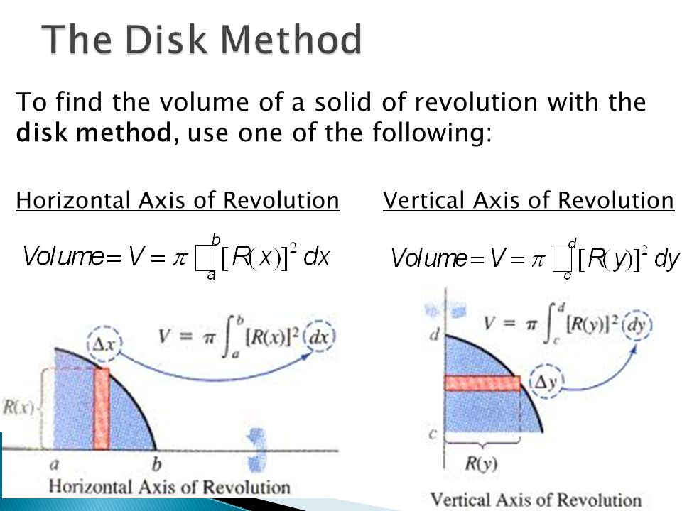 To find the volume of a solid of revolution with the disk method, use one of the following: Horizontal Axis of Revolution Vertical Axis of Revolution