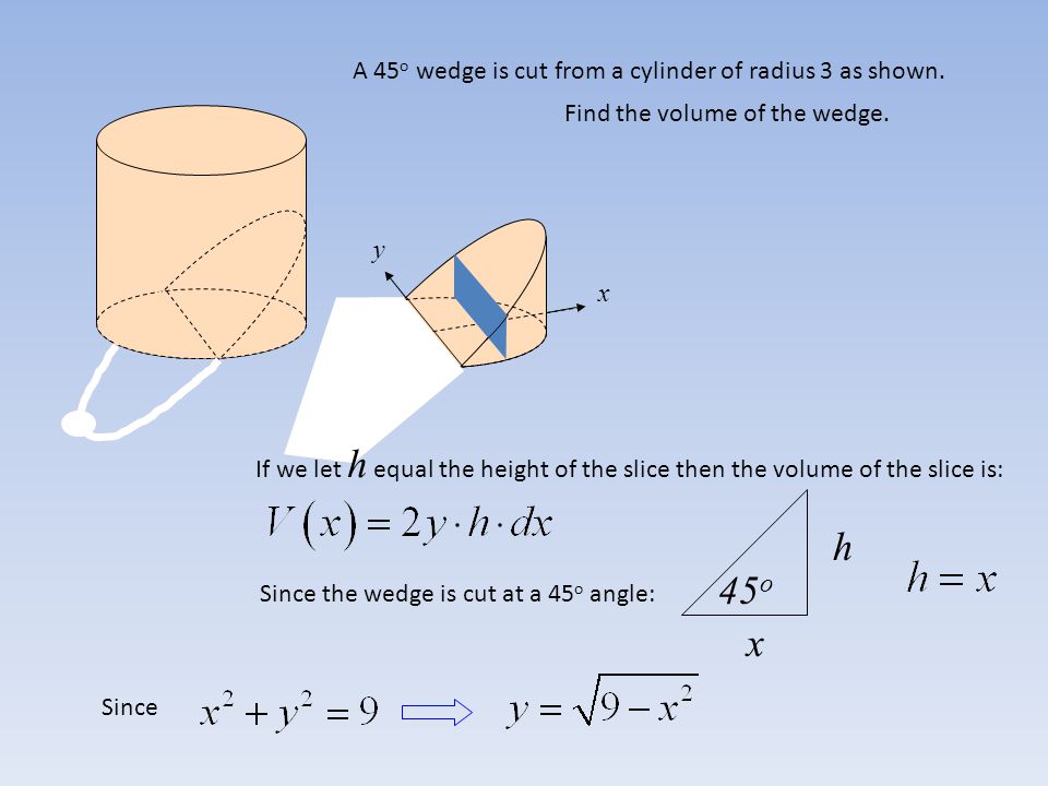 x y A 45 o wedge is cut from a cylinder of radius 3 as shown.