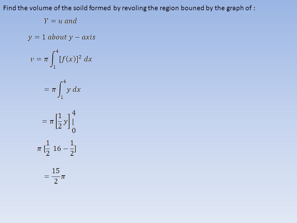 Find the volume of the soild formed by revoling the region bouned by the graph of :