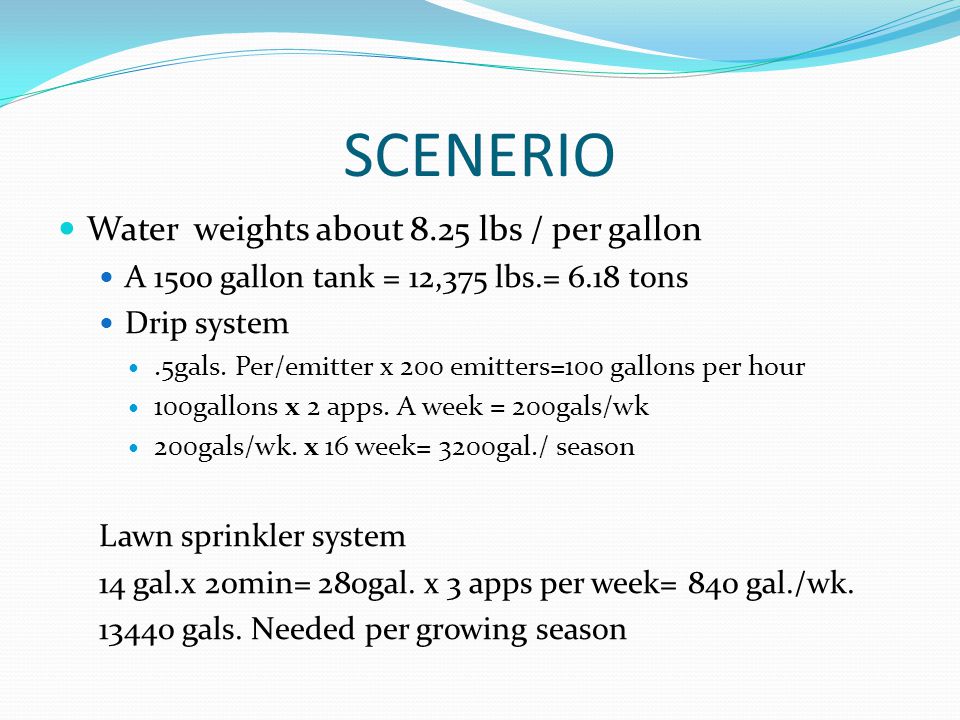 SCENERIO Water weights about 8.25 lbs / per gallon A 1500 gallon tank = 12,375 lbs.= 6.18 tons Drip system.5gals.