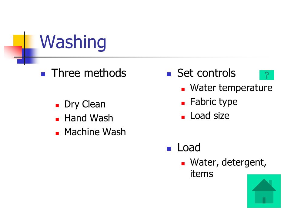 Washing Three methods Dry Clean Hand Wash Machine Wash Set controls Water temperature Fabric type Load size Load Water, detergent, items