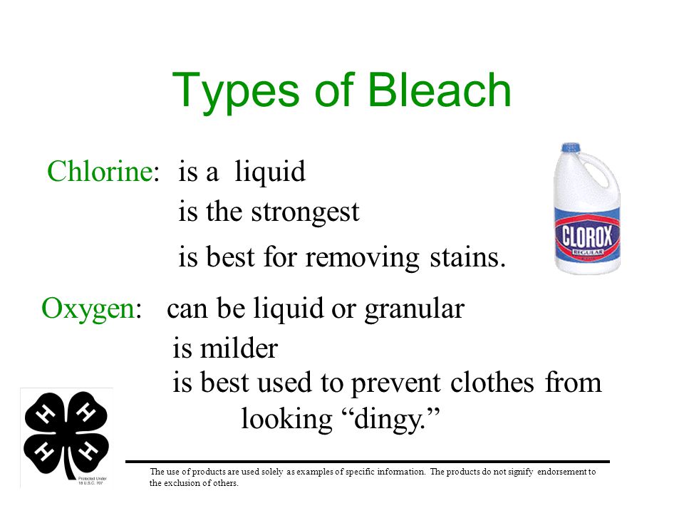 Types of Bleach Chlorine: The use of products are used solely as examples of specific information.