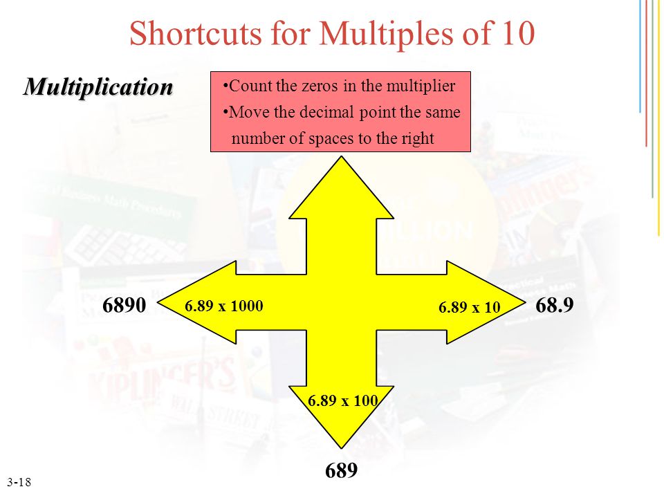 3-18 Shortcuts for Multiples of x x x Count the zeros in the multiplier Move the decimal point the same number of spaces to the right Multiplication