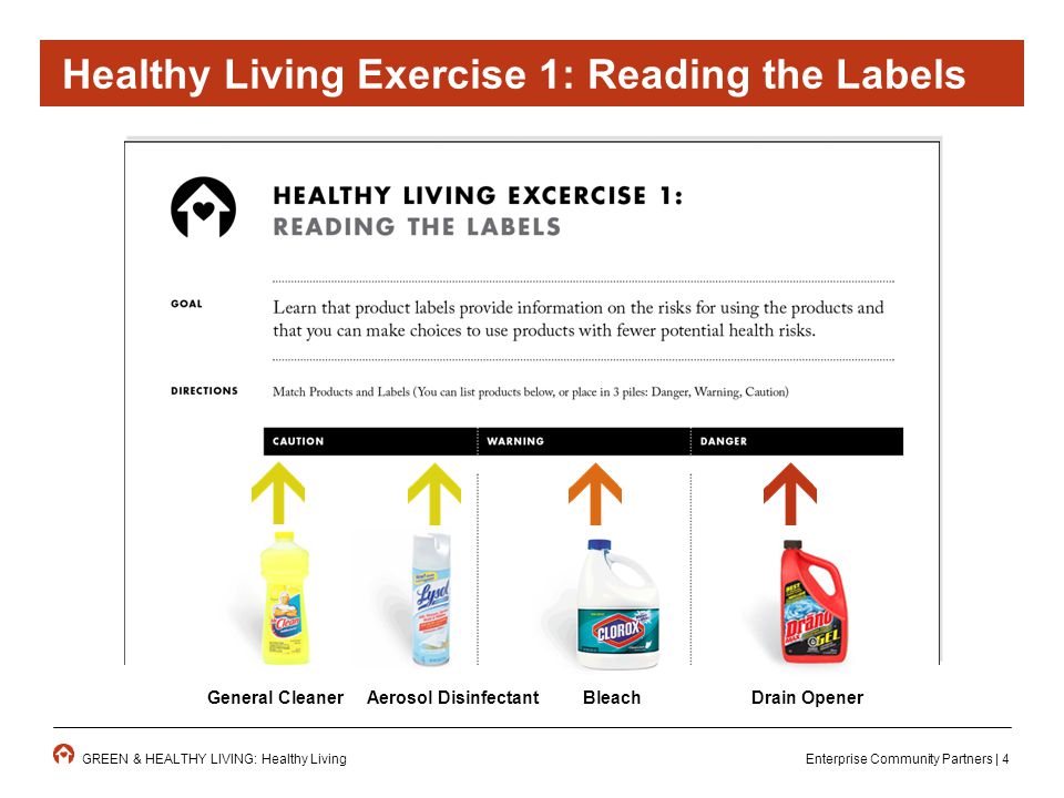 Enterprise Community Partners | 4GREEN & HEALTHY LIVING: Healthy Living Bleach Drain OpenerGeneral CleanerAerosol Disinfectant Healthy Living Exercise 1: Reading the Labels
