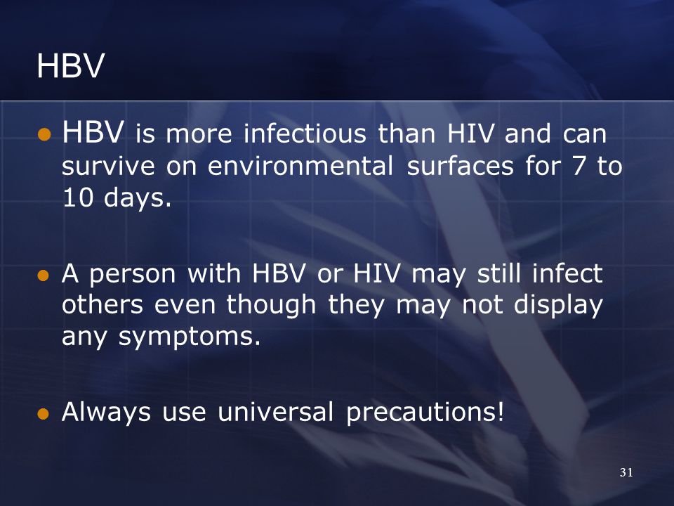 HBV HBV is more infectious than HIV and can survive on environmental surfaces for 7 to 10 days.