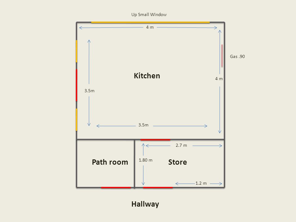 Up Small Window Kitchen 4 m 2.7 m 1.80 m 1.2 m 3.5m Path roomStore Hallway Gas.90