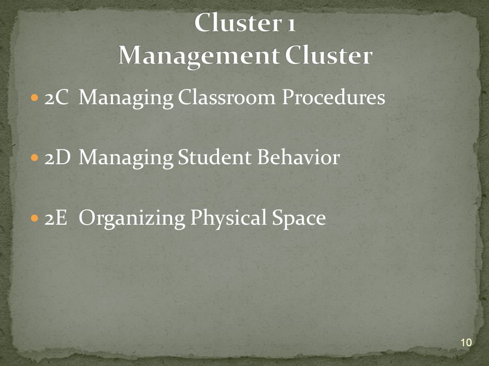 2CManaging Classroom Procedures 2DManaging Student Behavior 2EOrganizing Physical Space 10